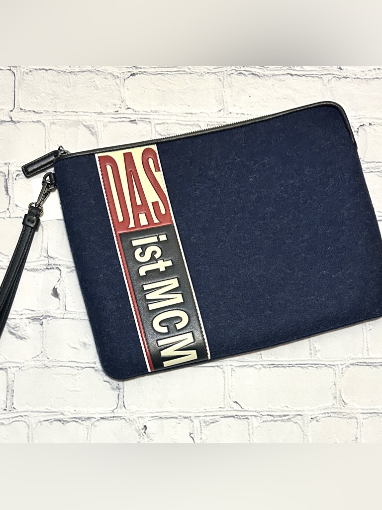 Mcm Large Clutch / Tablet Case / Wristlet - Navy Wool, Black & Red Leather